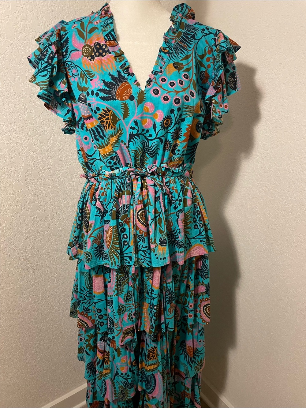 Love the Label Turquoise Floral Tiered Ruffle Maxi Dress with Tie Waist